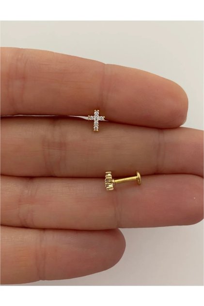 316L Cerrahi Çelik Altın Sarısı Labret Zirkon Taşlı Haç Tragus Helix Lobe Conch Uyumlu Piercing Küpe