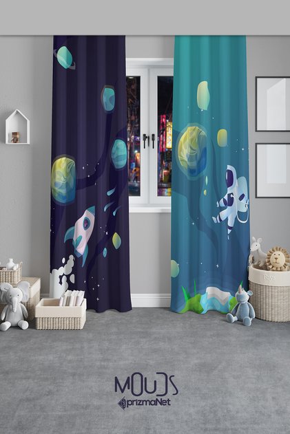Navy Blue Space Patterned Background Curtain Children's and Baby's Room Suede Printed Extrafor Drawstring 2 Sash PRD-58