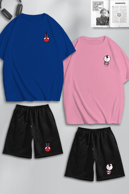 Unisex Women Men Hello Kitty Spiderman Printed Lover Couple Combination Design Oversize T-shirt V Shorts