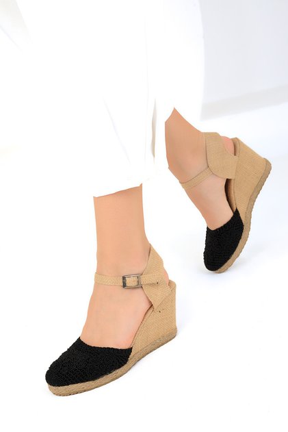 Women's Black Wedge Heeled Shoes 19005