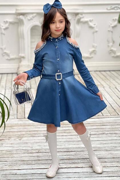 Girl's Shoulder and Collar Stone Embroidered Navy Blue Denim Dress