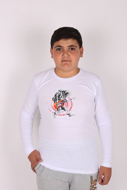 Unisex Guitarist Astronaut Printed Long Sleeve Crewneck Basic Kids T-shirt