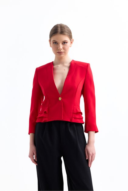 Fırfır Detaylı Kırmızı Blazer Ceket
