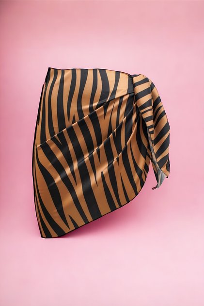 Copper Zebra Patterned Short Pareo Satin Women's Beach Dress New Season