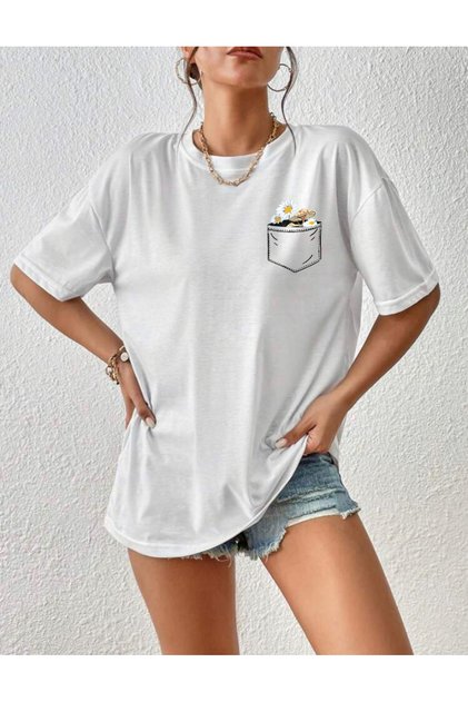 Oversize White Flower Pocket Printed Relaxed Cut T-shirt
