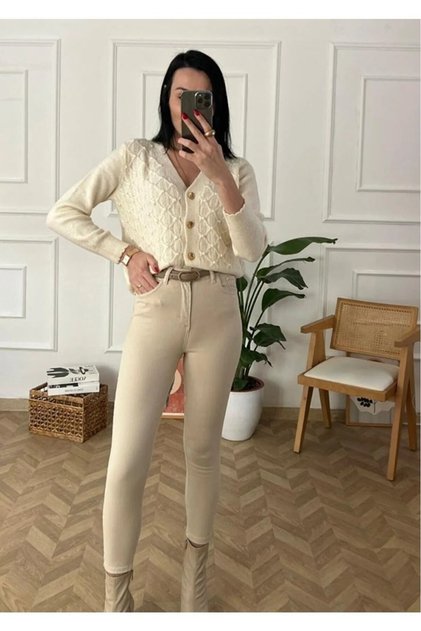 EvaGlam Kadın Bej Darpaça Denim Pantolon Darpaça Kot Pantolon Skiny Pantolon