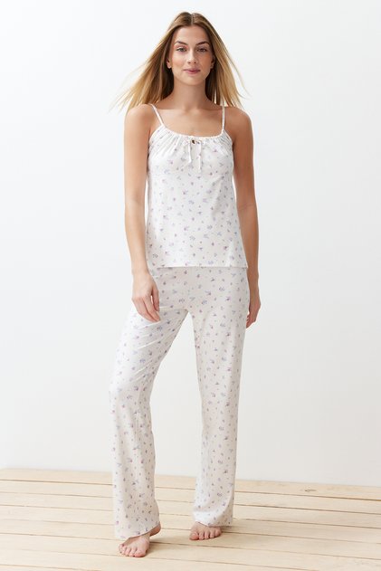 White-Multicolor Floral Tied and String Strap Knitted Pajama Set Thmss24Pt00233