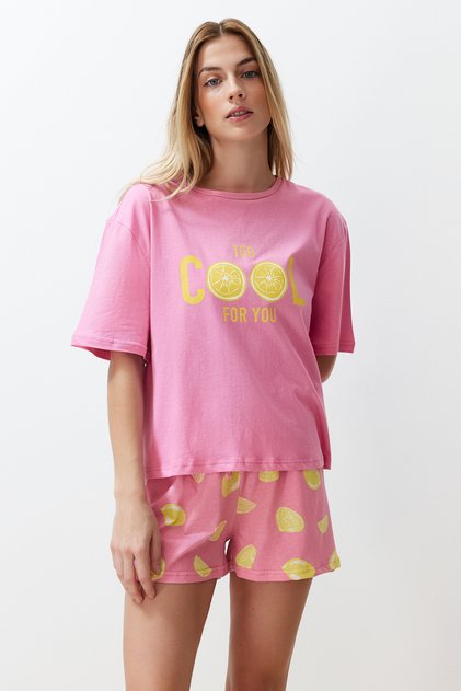 Pembe %100 Pamuklu Slogan ve Limon Baskılı Şortlu Örme Pijama Takımı THMSS24PT00226
