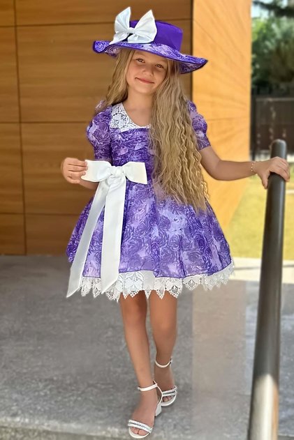 Purple Girls' Dress with Rose Print, Lace Embroidered Collar and Hem