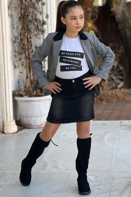 Girl's Text Printed T-Shirt Pocket Detailed Checkered Blazer Jacket Black Jean Skirt Set