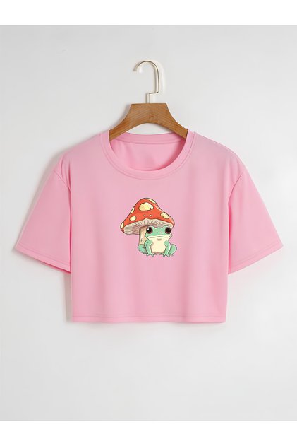 Women's Oversize Crew Neck Mushroom and Frog Printed Crop T-shirt