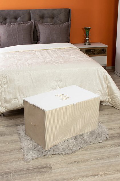 Large Size Beige Striped Storage Bag with Print Detail 74 X 46 X 46 cm