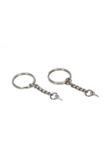 100 Adet - 25 Mm Nikel Kaplama Zincirli Anahtarlık Halkası Ve 5x10 Mm Vidalı Set