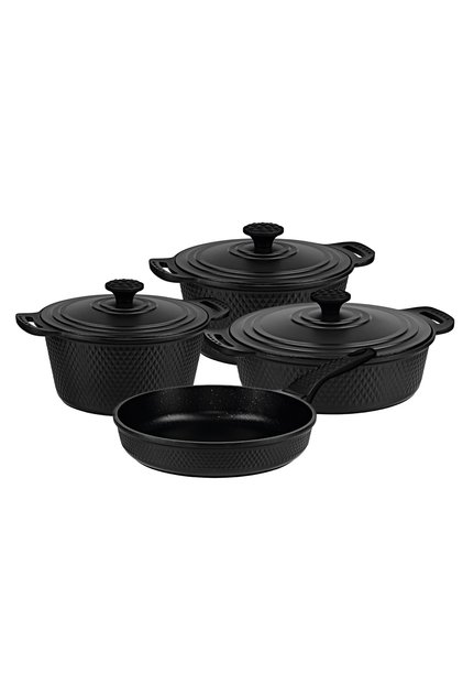 Trıana - 3536 - 7 Piece Biogranite, Cast Iron, Pot, Pan, Dowry Set - Black Color