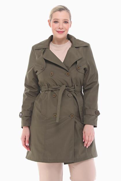 Women's Large Size Double Breasted Collar Buttoned Khaki Trench Coat 1049