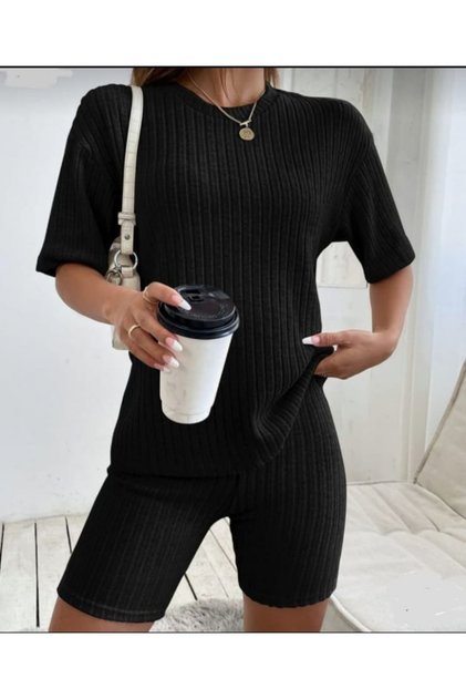 WOMEN'S BLACK CYCLING NECK TSHIRT TIGHTS SHORTS SET