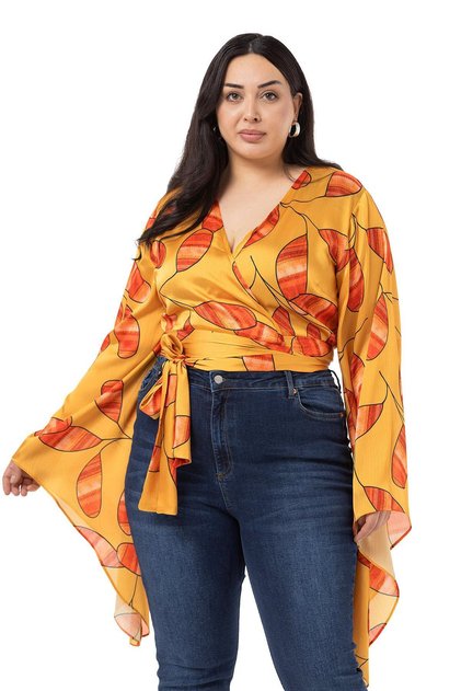 Large Size Satin Mustard Bolero with Tie Waist and Sleeve Detail