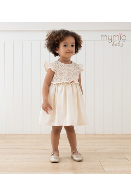 6-24 Months Beige Short Sleeve Embroidered Cotton Baby Girl Summer Dress