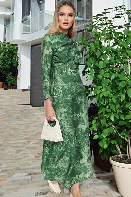 Green Patterned Woven Dress with Double-Breasted Collar Detail TCTSS23EB00225