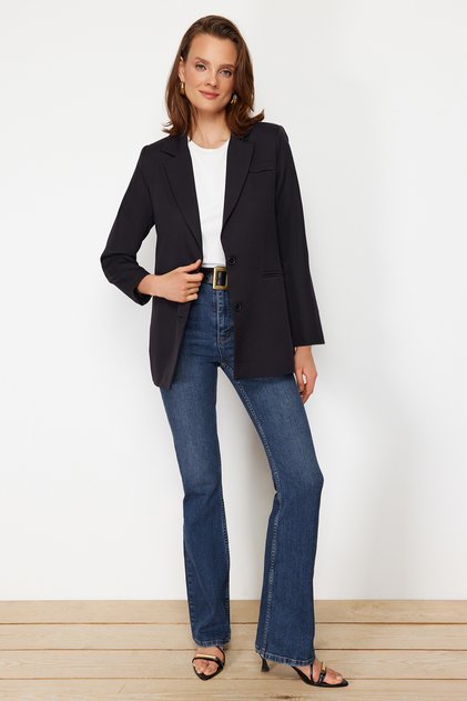 Black Buttoned Blazer Woven Jacket TCTAW22CK0032