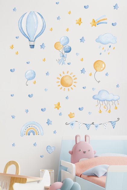 Baby Room Happy Blue Balloons and Sky Sticker for Wall Mirror Cabinet Door