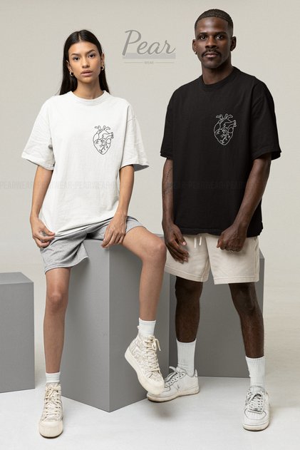 Heart Printed 2-Piece T-Shirt Lover Unisex Couple Oversize T-shirt