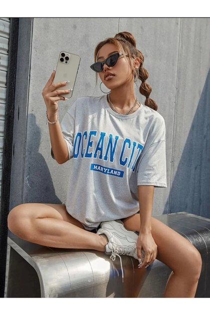 Unisex Cotton Gray Crew Neck Oversize T-shirt Ocean City Printed