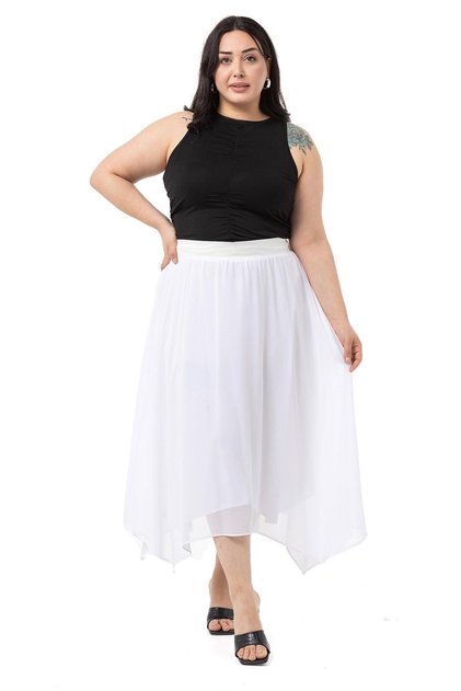 Plus Size Asymmetrical Cut Lined White Chiffon Skirt