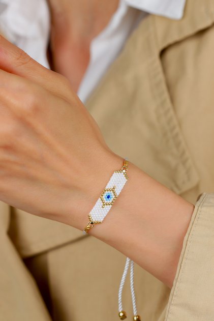 Ka-005 Miyuki Evil Eye Beaded Bracelet - Handmade - White