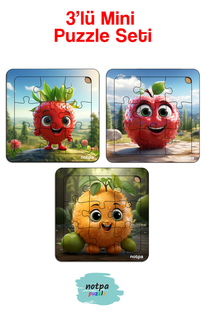 Çocuklar İçin Sevimli Meyveler Ahşap Renkli Yapboz 13x13 Ebadında Puzzle 9 Parça 3'lü Set 312