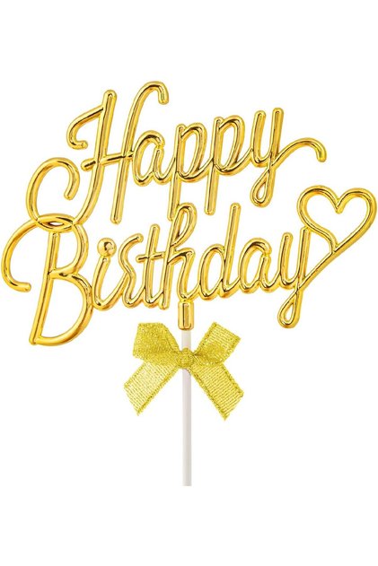 Gold Handwritten Happy Birthday Cake with Bow, 3D Reversible Birthday Cake Decoration
