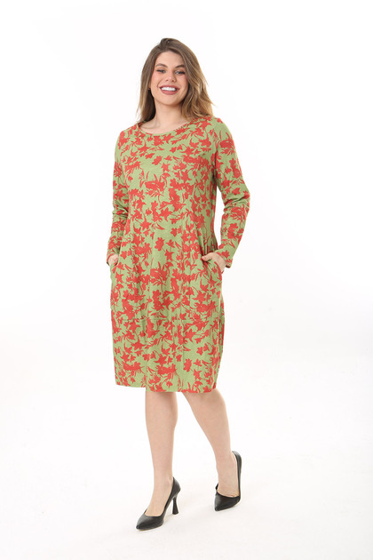 Women's Plus Size Green Organic Cotton Fabric Cup Detail Long Sleeve Dress 65N37626