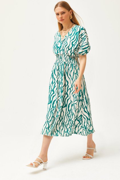Rochie midi pentru femei, verde, cu talie înclinată, cu guler dublu, ELB-19002100