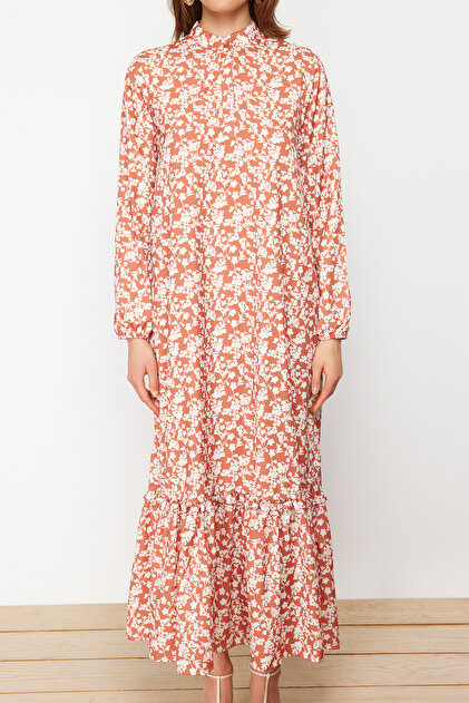 Trendyol Modest Brick Floral Print Half-Placket Ruffled Hem Lined