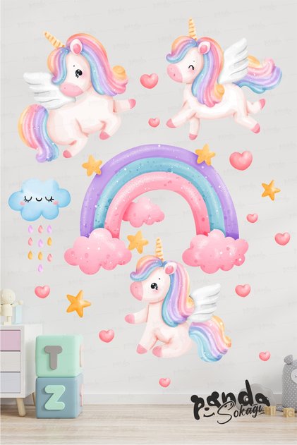 Unicornlar ve Gökkuşağı Duvar Sticker Seti Unicorn Gökkuşağı Set