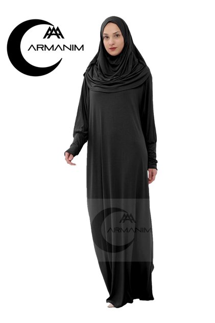 Armanım one-piece islamic Dress multi-purpose Easy-to-Use with Headscarf prayer dress _ Black