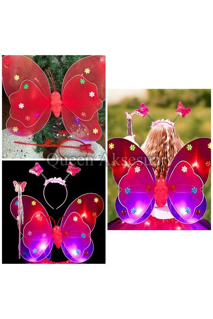 Imported Led Lighted Butterfly Angel Fairy Wing Rubberized Wing Wand Stick Crown Set Children's Costume Red