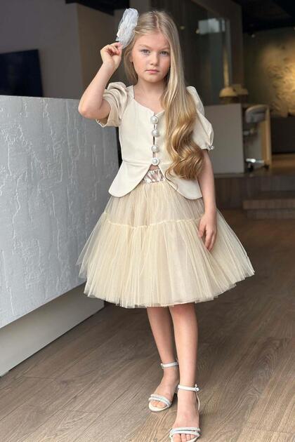 Girls' Jacket with Watermelon Sleeve Button Detail and Layered Tulle Cream Skirt Set