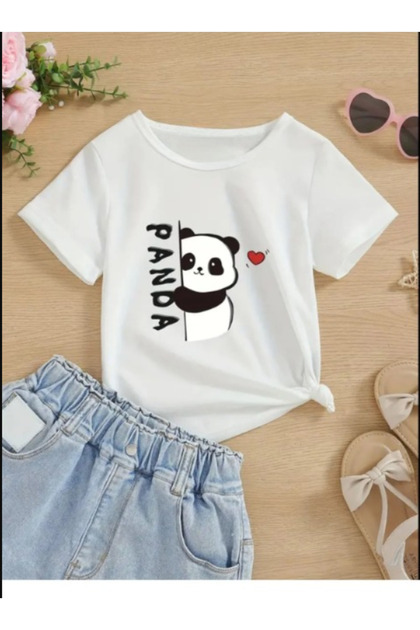 Children's Trend Model White T Shirt Hugging Panda Printed Cotton