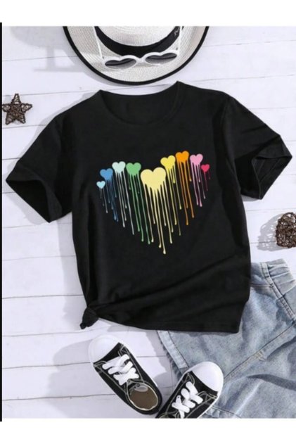 Children's Trend Model Black t Shirt Heart Printed Cotton
