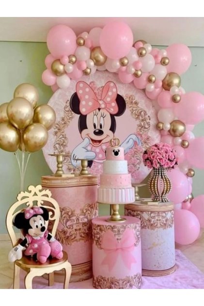 Minnie Mouse Doğum Günü Konsepti Balon Zinciri 65'li Pembe Beyaz Gold Balon