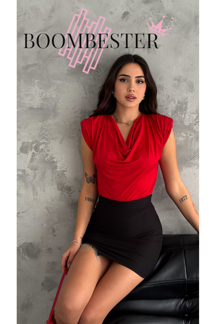 Women's Red Degaje Collar Pleated Shoulder Padded Flowy Blouse Sandy Fabric