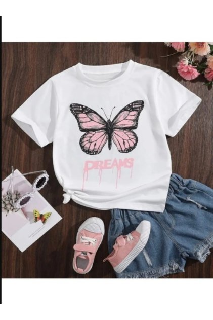 Kids Trend Model White T Shirt Pink Butterfly Printed Cotton