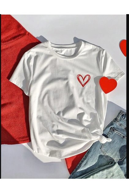 Children's Trend Model White T Shirt Red Heart Printed Cotton
