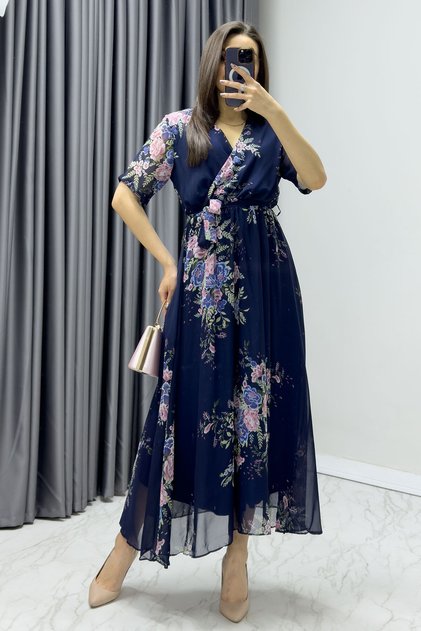 Short Sleeve Lined Plus Size Chiffon Dress Leopard, Navy, Black, Tie-Dye, Brown, Green Floral