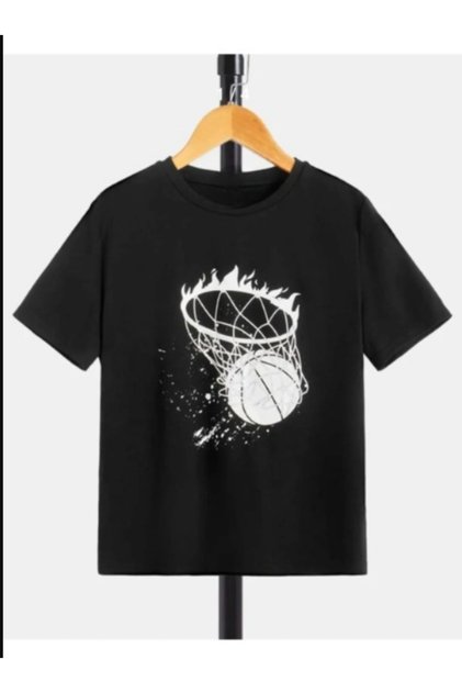 Children's Trend Model Black T-Shirt Basketball Hoop Printed Cotton