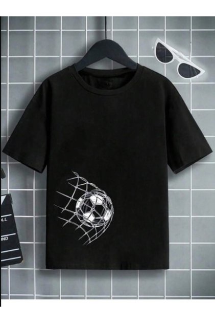 Kids Trend Model Black T Shirt Football Printed Cotton