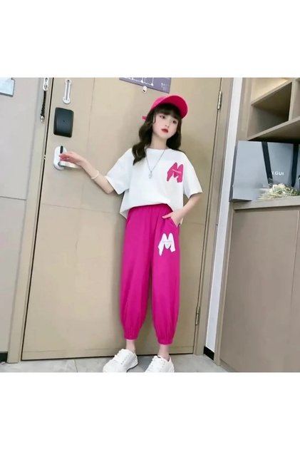 Kids Colorful M Printed Short Sleeve Summer Oversize Girl's Tracksuit Set