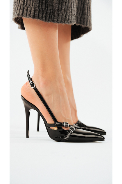 Lani Buckle Detailed Black Patent Leather Black 10 cm Women's Stiletto, Heeled Shoes