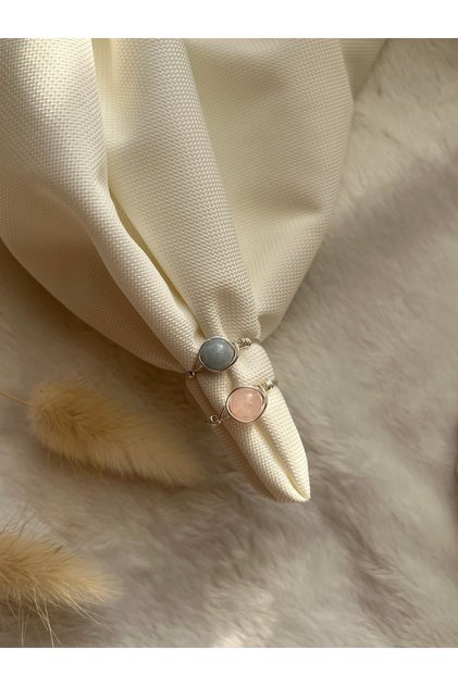 Aquamarine and Pink Quartz Natural Stone Set of Two Wire Rings
